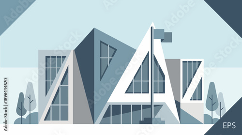 Modern office building with geometric shapes and blue tones.