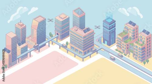 Modern cityscape with sleek buildings and urban infrastructure.