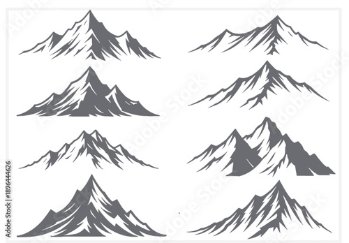 Eight different mountain peaks with snow and various shapes