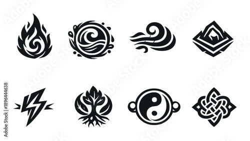 Collection of abstract black and white elemental symbols on gray background