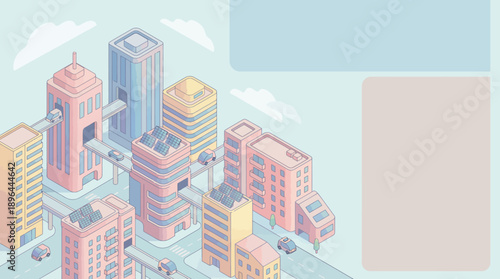 Isometric cityscape with modern buildings and urban landscape.