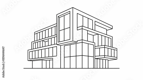 Modern multi-story office building line art illustration.