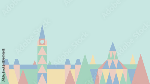 Colorful abstract castle landscape with pastel colors and geometric shapes.