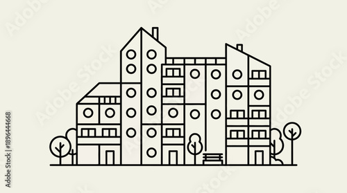 Simple line drawing of modern apartment buildings with trees.