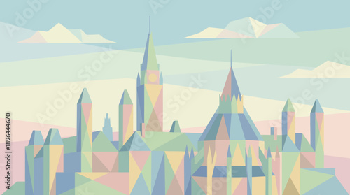 Pastel colored futuristic cityscape with geometric buildings and spires.