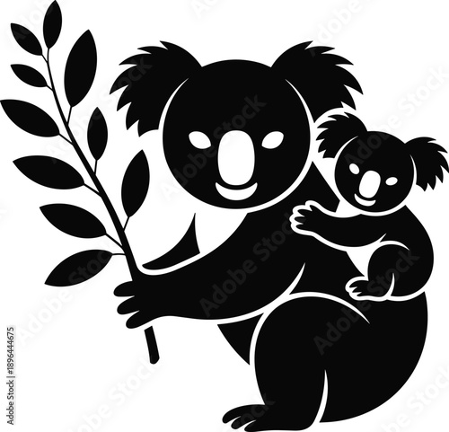 Cartoon silhouette illustration of adult koala holding branch with baby koala clinging to back, symbolizing wildlife care and bonding.