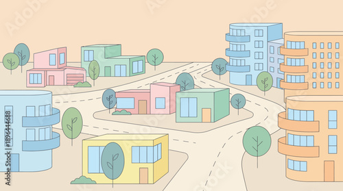 Colorful cartoon houses and buildings in a vibrant neighborhood.