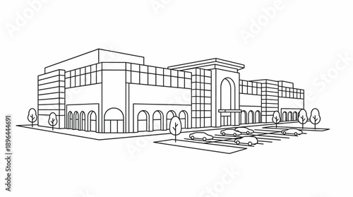 Modern office building with classical architectural elements and landscaped surroundings.