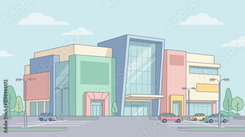 Colorful cartoon illustration of a modern shopping center with various buildings and cars parked outside.