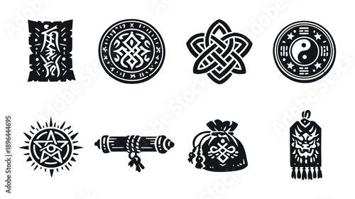 Set of eight intricate monochrome asian-inspired mystical symbols