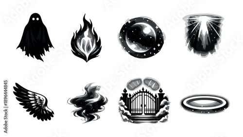 Monochrome spiritual symbols: ghost, flame, orb, light, wing, smoke, gate, halo