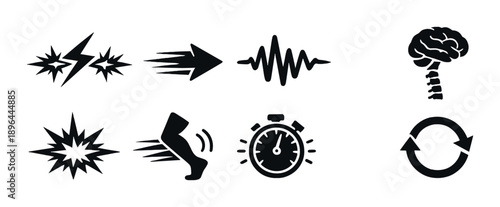 Dark themed icons: speed, sound, brain, and energy concepts