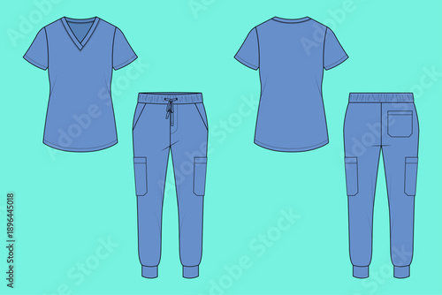 V-Neck Scrub Top with Elastic Waist Cargo Jogger Pants Set Fashion Illustration Technical Flat Sketch CAD Mockup.