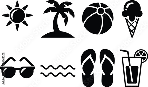 Summer vacation beach icons set including sun palm tree ball ice cream sunglasses waves flip flops drink vector illustration