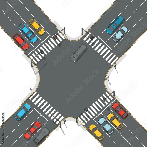 Busy Intersection with Cars and Pedestrian Crosswalks, Aerial View