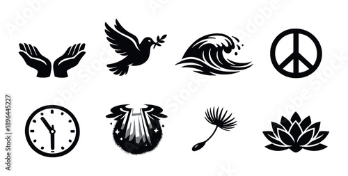 Set of eight black icons: hands, dove, wave, peace, clock, angel, feather, lotus