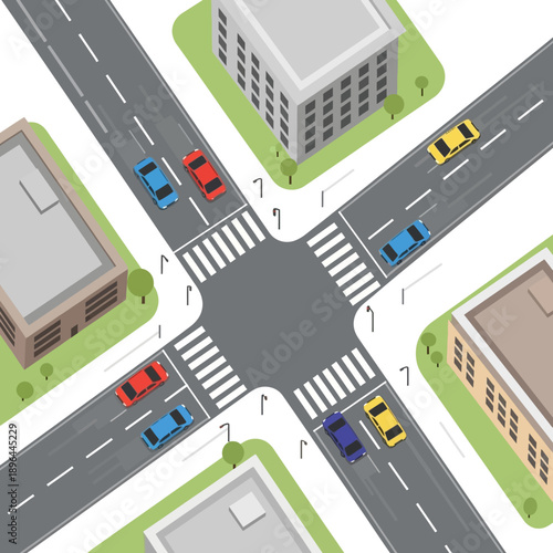Isometric City Intersection with Cars and Buildings