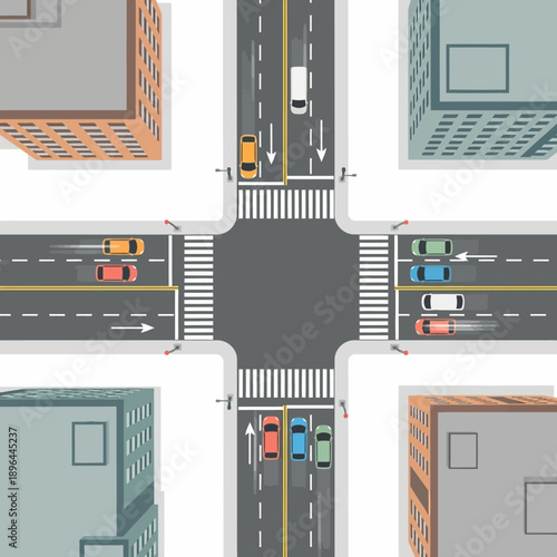 Aerial View of City Intersection with Traffic and Buildings