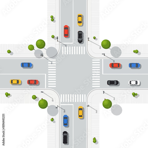 Top View of Busy City Intersection with Cars and Pedestrian Crosswalks