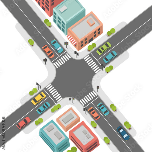 Isometric crossroad with cars and buildings, urban transportation and cityscape illustration