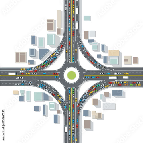 Busy roundabout traffic jam, urban intersection, city transport congestion, aerial view