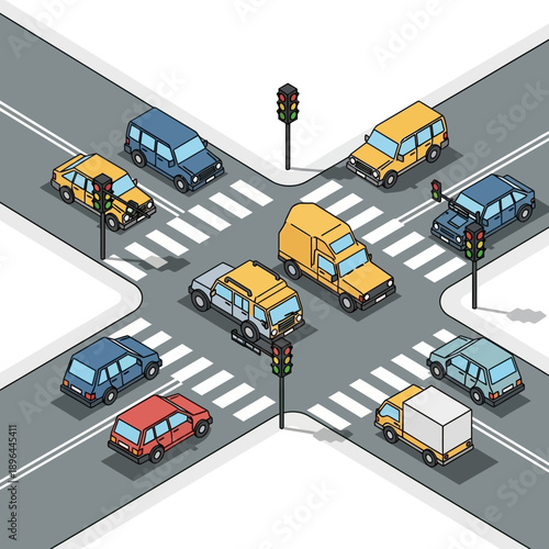 Isometric City Intersection with Cars and Traffic Lights
