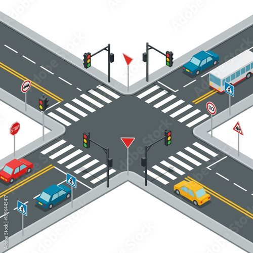 Isometric Crossroad Intersection with Traffic Lights, Cars, and Bus