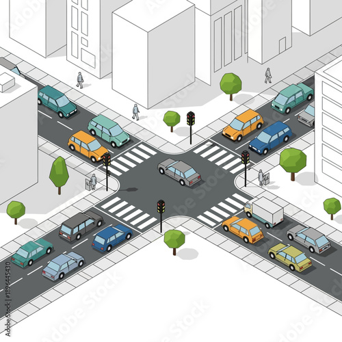 Isometric City Intersection with Traffic and Pedestrians