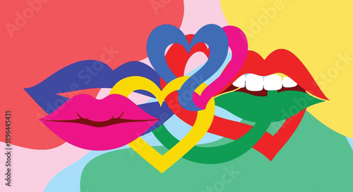 A vibrant and colorful illustration of lips and hearts in a playful and romantic composition