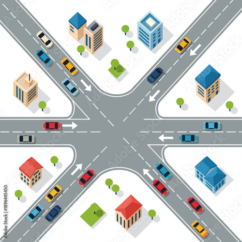 Isometric City Intersection with Cars and Buildings, Traffic Flow