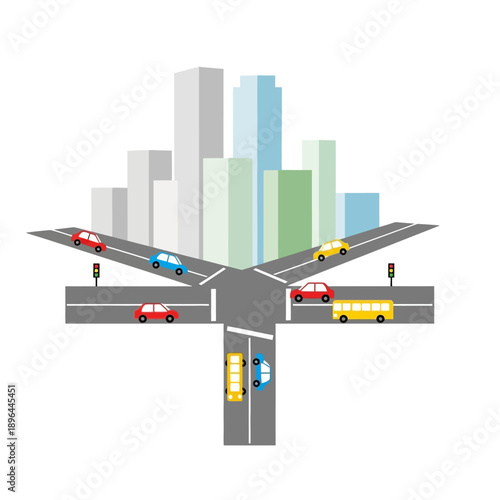 Urban traffic intersection with cars and city skyline illustration