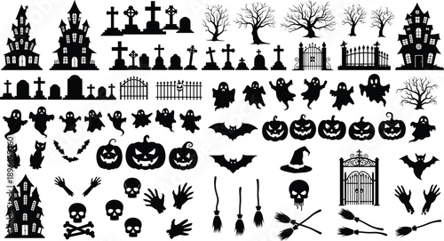 Halloween silhouette set, haunted house ghost bat cat pumpkin icon, spooky holiday symbol, scary design artwork, black white, flat vector illustration