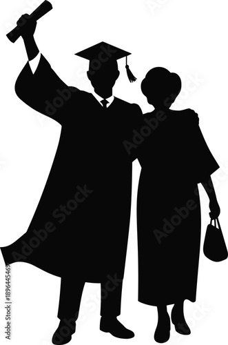 Cartoon silhouette illustration of graduate holding diploma beside companion in dress with handbag, celebrating academic success and support.