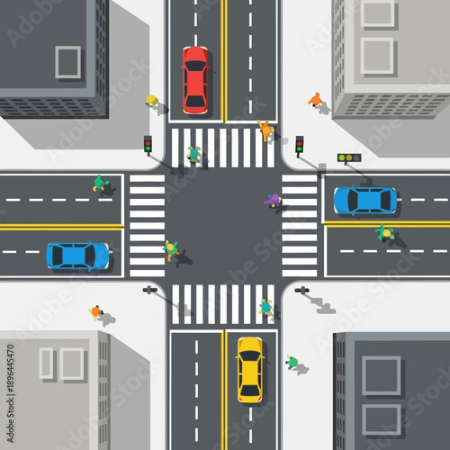 Aerial View of City Intersection with Cars and Pedestrians Crossing Street