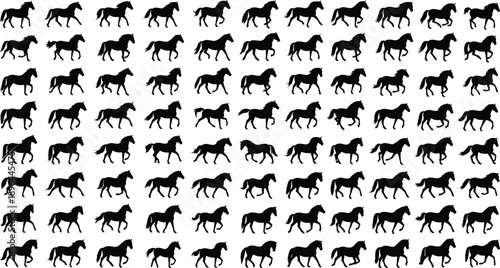 Horse silhouette set, walking trotting icon, animal motion study, equine posture design, black white artwork, sequential movement, flat vector illustration