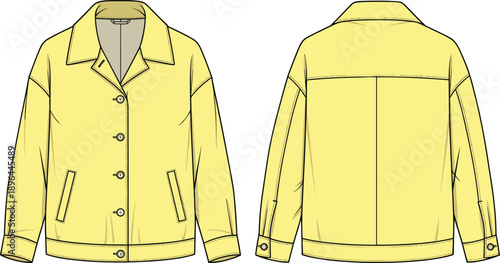 Jacket fashion sketch, front back view, garment template design, clothing technical drawing, apparel construction outline, yellow outerwear style, flat vector illustration