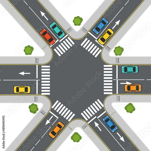 Busy Crossroads Intersection with Cars and Pedestrian Crossings - Top View