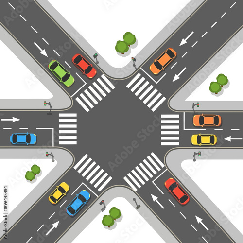 Busy Crossroads Intersection with Cars and Pedestrian Crosswalks - Aerial View