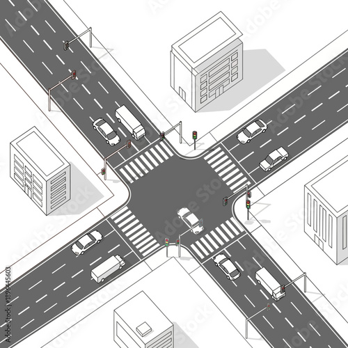 Isometric City Intersection with Traffic and Buildings, Urban Transport Network