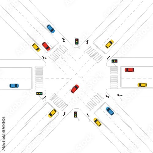 Top-down view of a busy city intersection with cars, traffic lights, and crosswalks