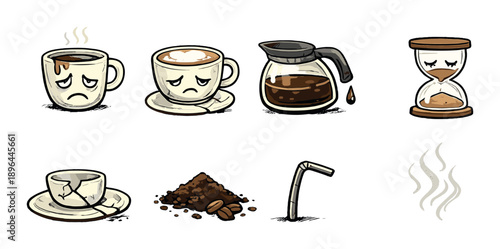 Illustrated coffee journey: moods from beans to brew, highlighting expressions and emotions