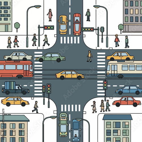 Busy City Intersection with Cars, Trams, Pedestrians and Traffic Lights