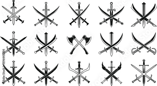Crossed weapon icon set, swords axes sabers, medieval combat emblem, fantasy battle logo, warrior symbol design, black white, flat vector illustration