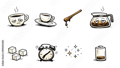 Morning routine symbols with coffee cup, alarm clock, and battery