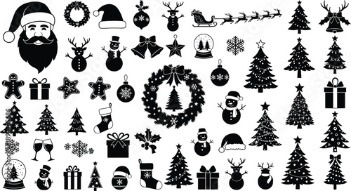 Christmas silhouette set, Santa tree snowman reindeer ornament icon, holiday festive symbol, seasonal decoration artwork, black white, flat vector illustration