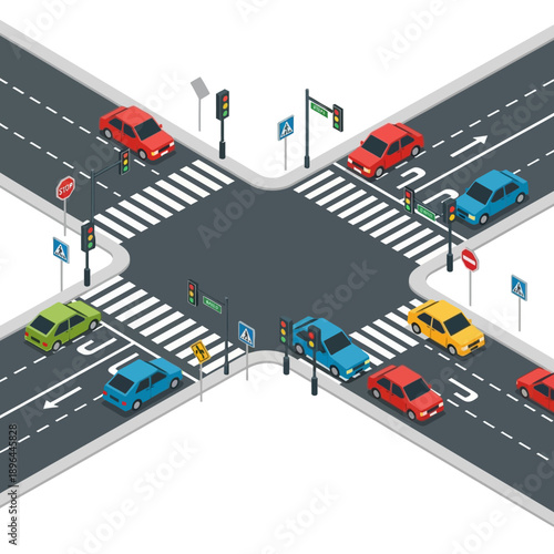Busy Intersection with Cars, Traffic Lights, and Crosswalks - Isometric View
