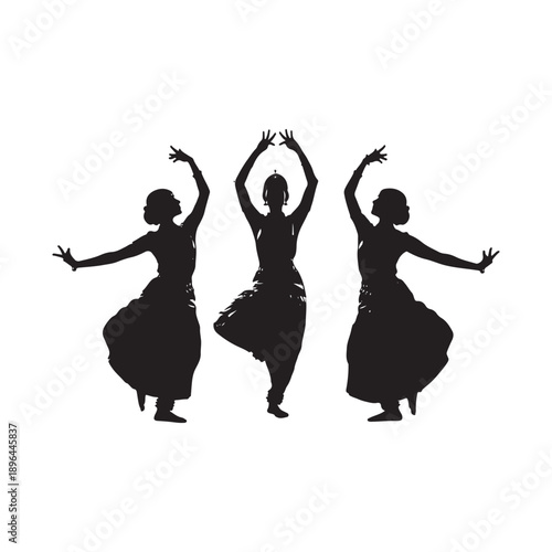 Three black silhouettes of women dancing in traditional indian attire isolated on white background