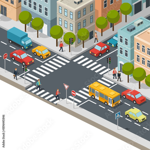 Isometric City Intersection with Traffic, Cars, Bus, and Pedestrians