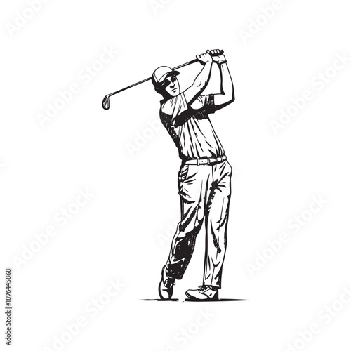 Golfer in action swinging golf club with both hands on white background