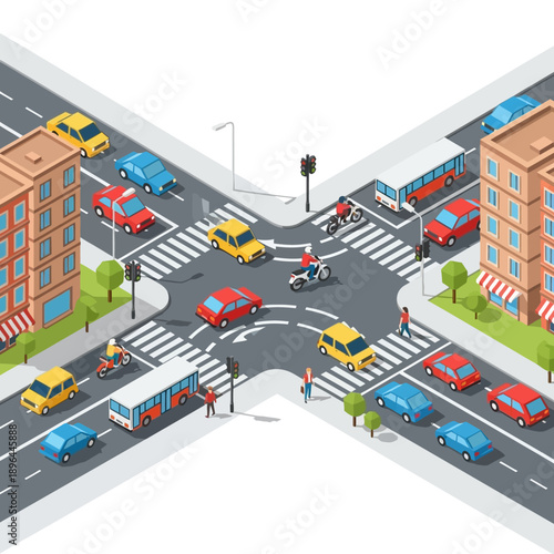 Busy City Intersection with Traffic and Buildings, Isometric View